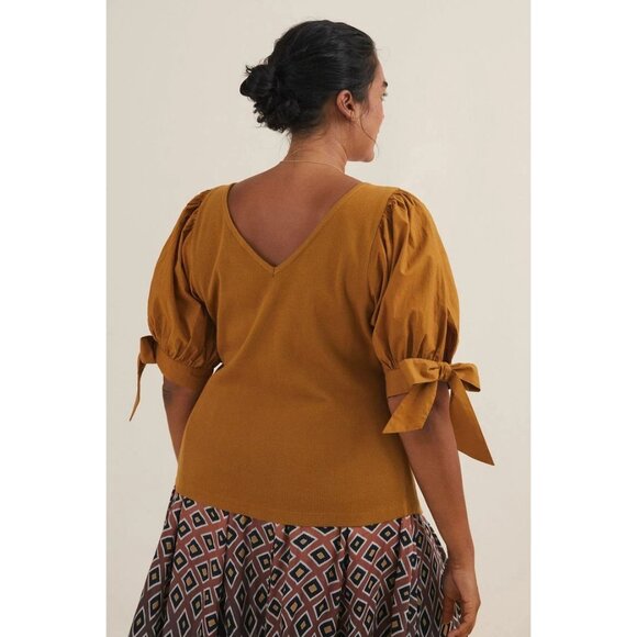 Maeve Anthropologie Puff-Sleeved Blouse Top Ribbed Tie Cuff Gold S NWT 283434 - Picture 2 of 7